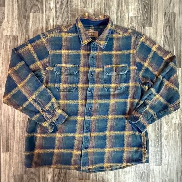Orvis XXL Flannel Shirt Plaid Cotton Outdoor Workwear Heavyweight Blue Yellow - Picture 1 of 6